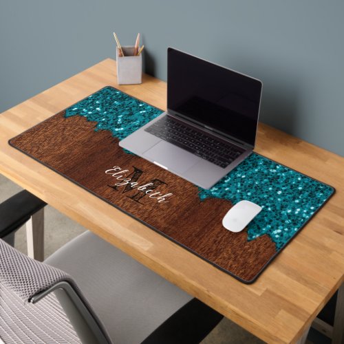 Aqua blue faux sparkles rustic wood Monogram Desk Mat