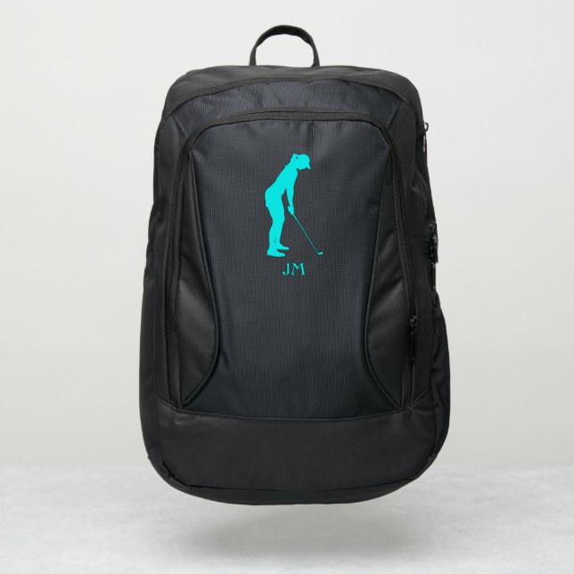 Aqua Blue Female Golfer Silhouette Monogram Port Authority® Backpack (Front)