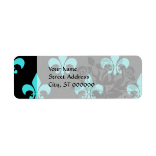 aqua blue fleur de lis pattern label