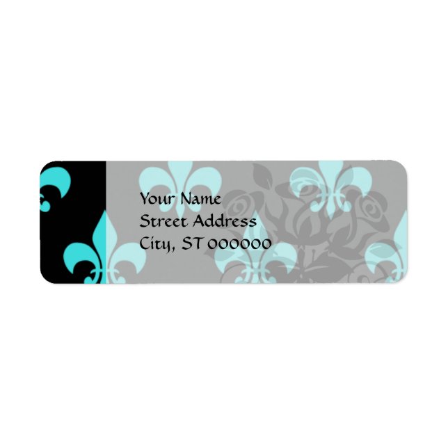 aqua blue fleur de lis pattern label (Front)