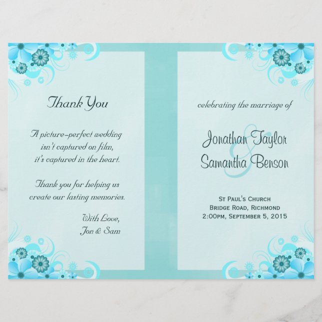 Aqua Blue Floral BiFold Wedding Program Templates (Front)