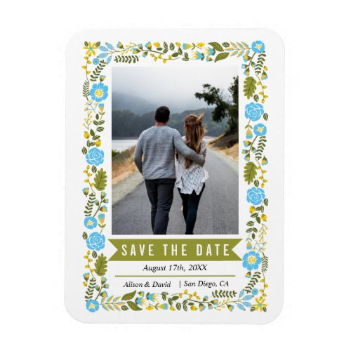 Aqua blue floral border olive green wedding photo magnet