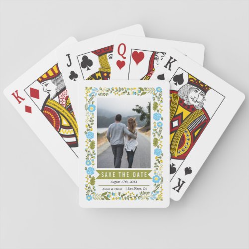 Aqua blue floral border olive green wedding photo playing cards