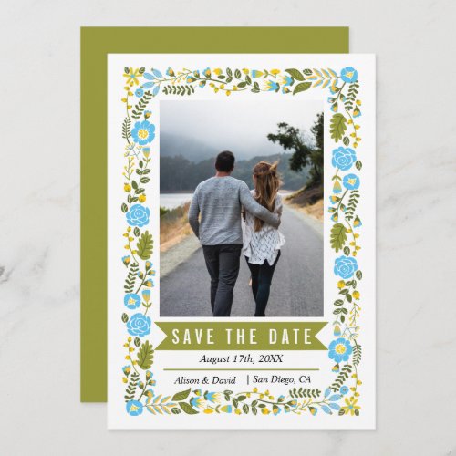 Aqua blue floral border olive green wedding photo save the date