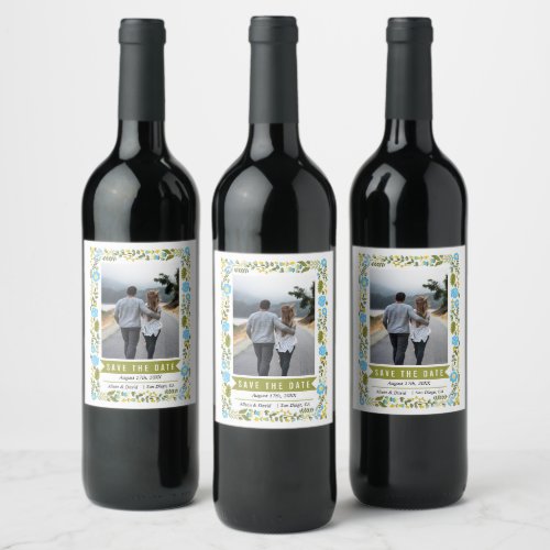 Aqua blue floral border olive green wedding photo wine label