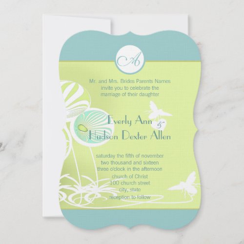 Aqua Blue Floral Bumble Bee Wedding Invitation