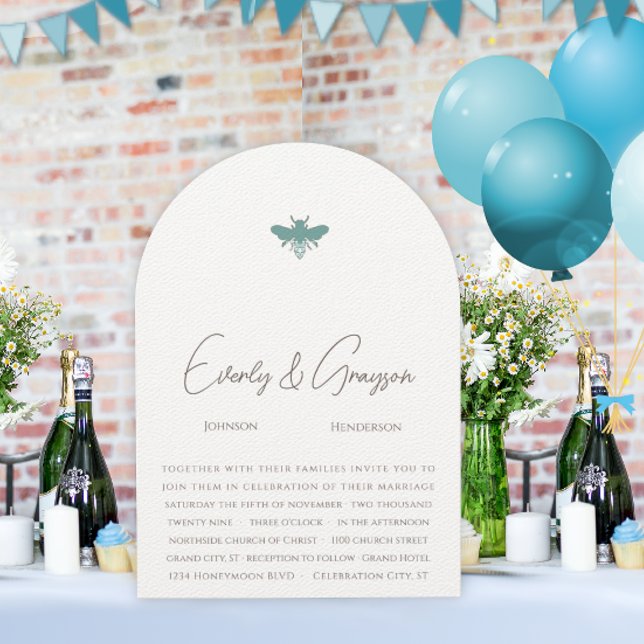 Aqua Blue Floral Bumble Bee Wedding Invitation (Creator Uploaded)