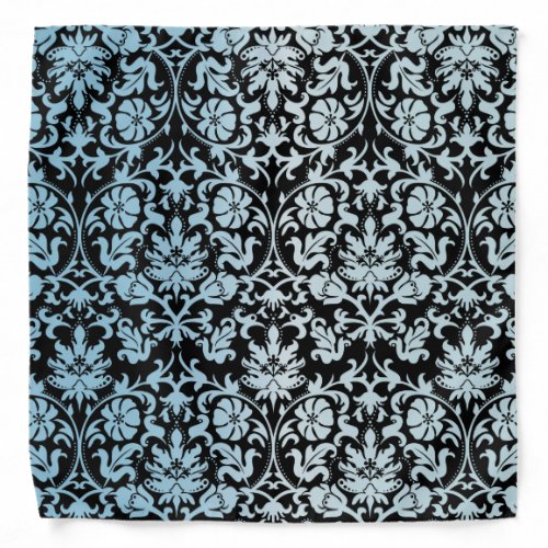 Aqua Blue Floral Damask on Black Bandana