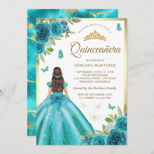 Aqua Blue Floral Dress Butterfly Gold Quinceanera Invitation