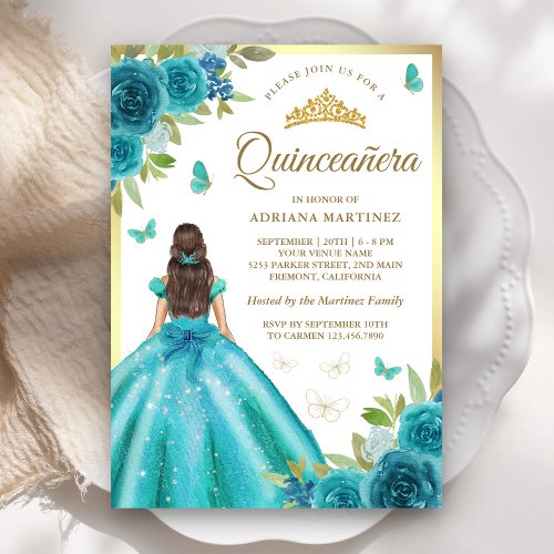 Aqua Blue Floral Dress Butterfly Gold Quinceanera Invitation