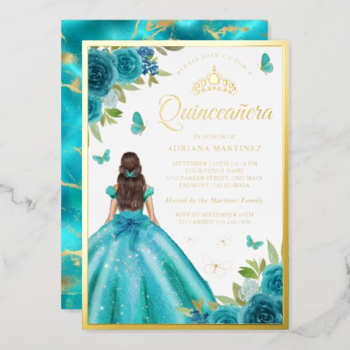 Aqua Blue Floral Dress Butterfly Quinceanera Gold Foil Invitation