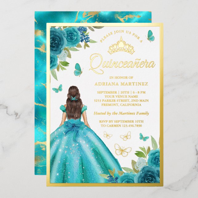 Aqua Blue Floral Dress Butterfly Quinceanera Gold Foil Invitation (Front/Back)