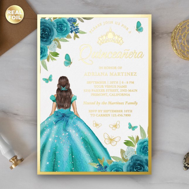 Aqua Blue Floral Dress Butterfly Quinceanera Gold Foil Invitation (Creator Uploaded)