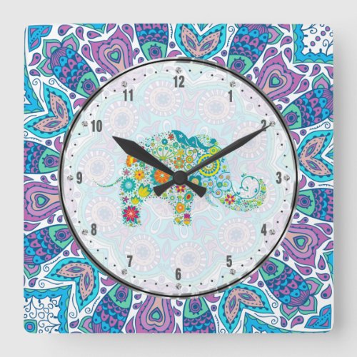 Aqua Blue Floral Lace  Colorful Elephant Square Wall Clock
