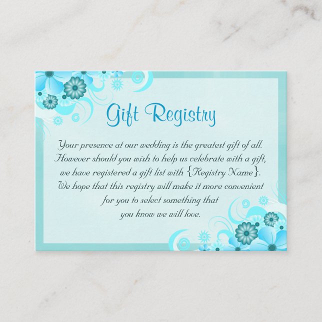 Aqua Blue Floral Mini Wedding Gift Registry Enclosure Card (Front)