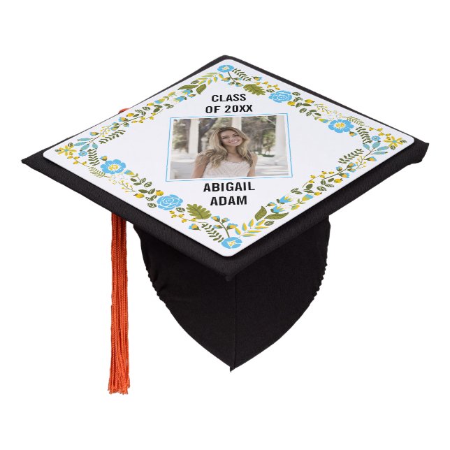 Aqua blue floral photo Class of 2020 graduation Graduation Cap Topper (Angled)
