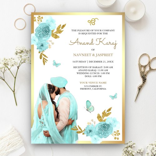 Aqua Blue Floral Punjabi Anand Karaj Sikh Wedding Invitation