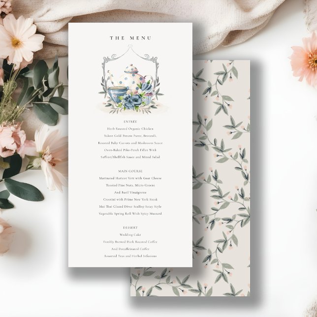 Aqua Blue Floral Teapot Crest Wedding Menu Card (Creator Uploaded)