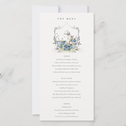Aqua Blue Floral Teapot Crest Wedding Menu Card