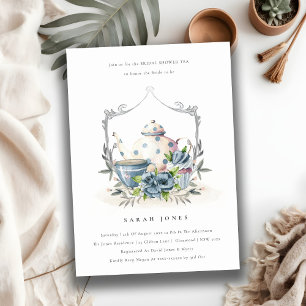 Aqua Blue Floral Teapot Cup Bridal Shower Invite