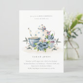 Aqua Blue Floral Teapot Cup Bridal Shower Invite (Standing Front)