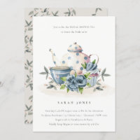 Aqua Blue Floral Teapot Cup Bridal Shower Invite