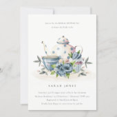 Aqua Blue Floral Teapot Cup Bridal Shower Invite (Front)