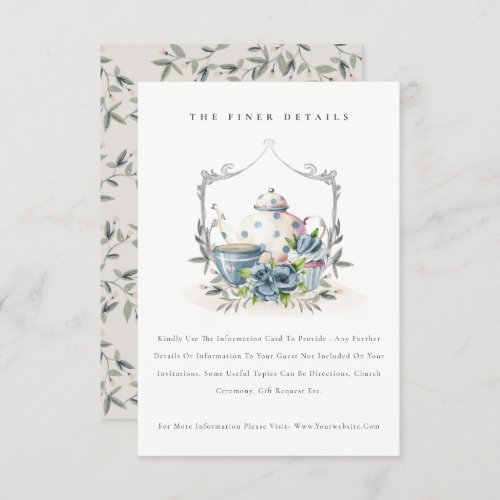 Aqua Blue floral Teapot Cup Crest Wedding Details Enclosure Card