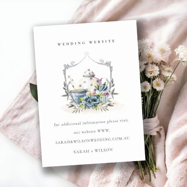 Aqua Blue floral Teapot Cup Crest Wedding Website Enclosure Card (Creator Uploaded)