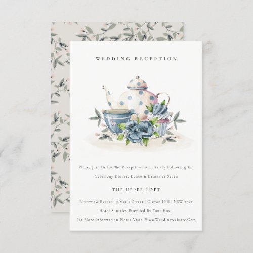 Aqua Blue floral Teapot Cup Wedding Reception Enclosure Card