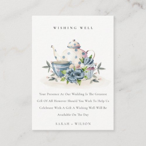 Aqua Blue floral Teapot Cup Wedding Wishing Well Enclosure Card