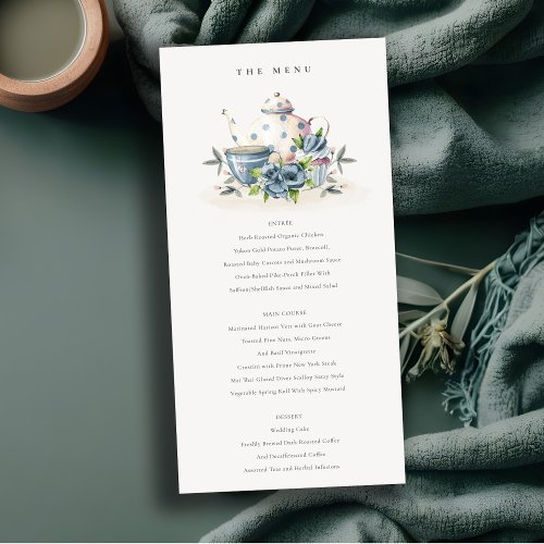Aqua Blue Floral Teapot Cups Wedding Menu Card