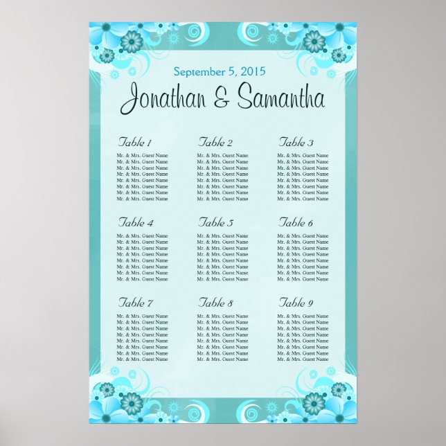 Aqua Blue Floral Wedding Table Seating Charts (Front)