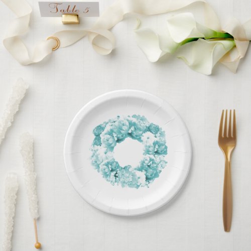 Aqua Blue Floral Wreath Wedding  Paper Plates