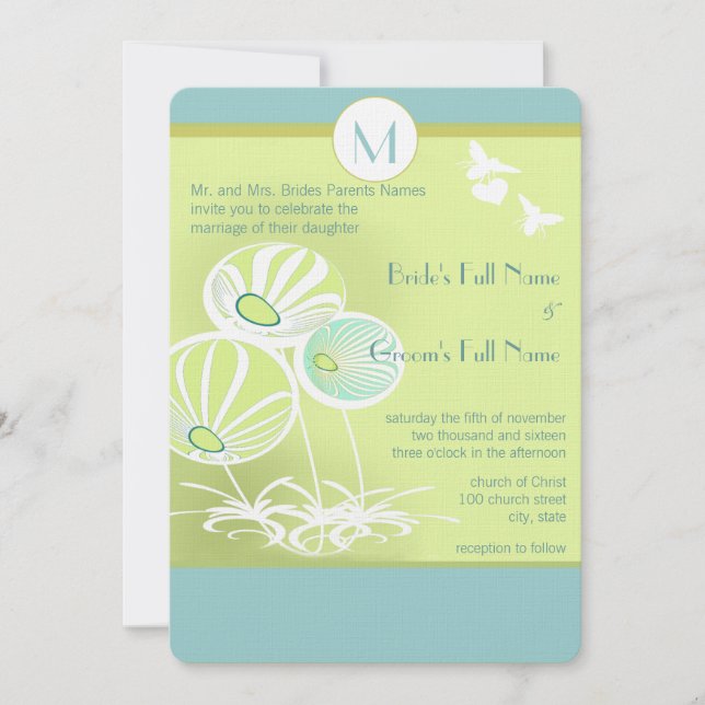 Aqua Blue Flowers and Bees Wedding Invitation (Front)
