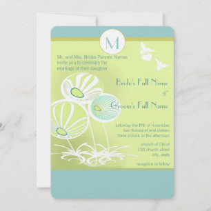 Aqua Blue Flowers and Bees Wedding Invitation