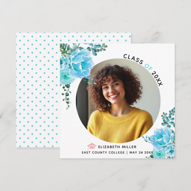 Aqua blue flowers Class of 2026 graduation photo Announcement (Front/Back)