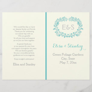 Aqua blue foliage frame folded wedding program