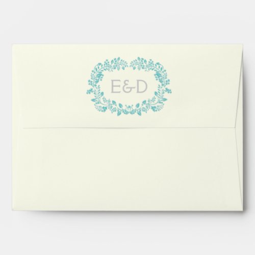 Aqua blue foliage frame with initials wedding envelope