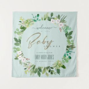 AQUA  BLUE FOLIAGE WATERCOLOR BABY SHOWER WELCOME TAPESTRY