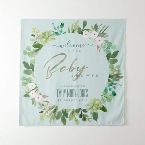AQUA  BLUE FOLIAGE WATERCOLOR BABY SHOWER WELCOME TAPESTRY