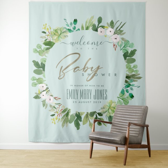 AQUA BLUE FOLIAGE WATERCOLOR  BABY SHOWER WELCOME TAPESTRY (In Situ)