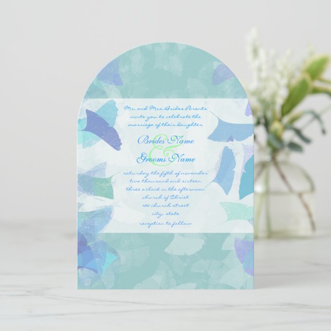 Aqua Blue Forest Leaves Wedding Invitation (Standing Front)