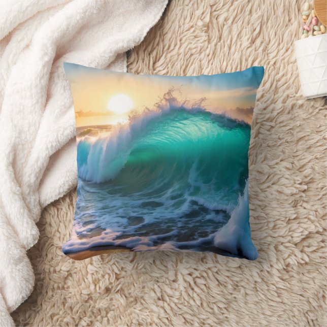 Aqua Blue Frozen Ocean Waves Seascape  Throw Pillow (Blanket)