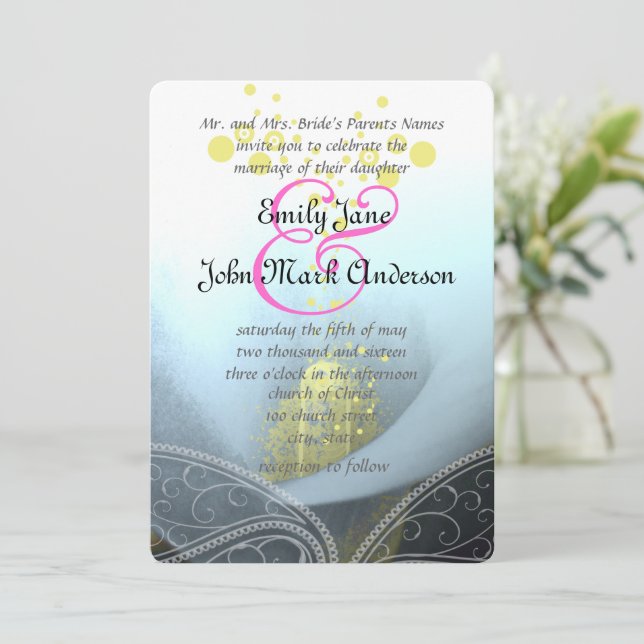 Aqua Blue Fuchsia Calla Lily Flower Wedding Invitation (Standing Front)