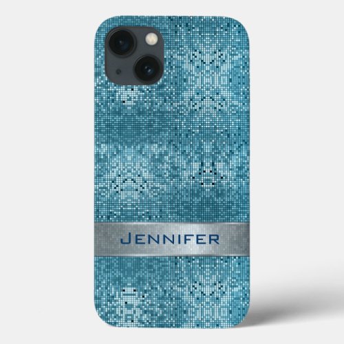 Aqua Blue Geometric Glitter Pattern Monogram iPhone 13 Case