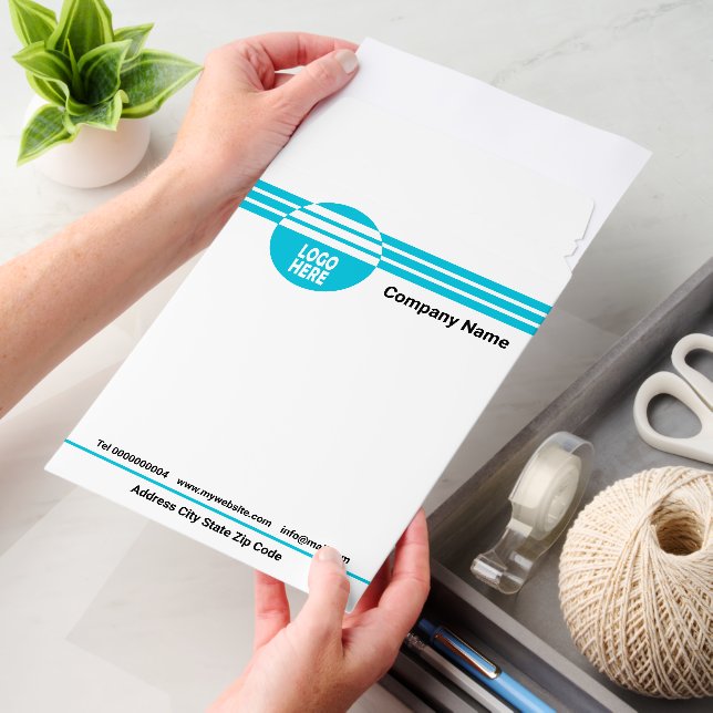 Aqua blue geometric stripes with custom logo envelope mailers (Desk)