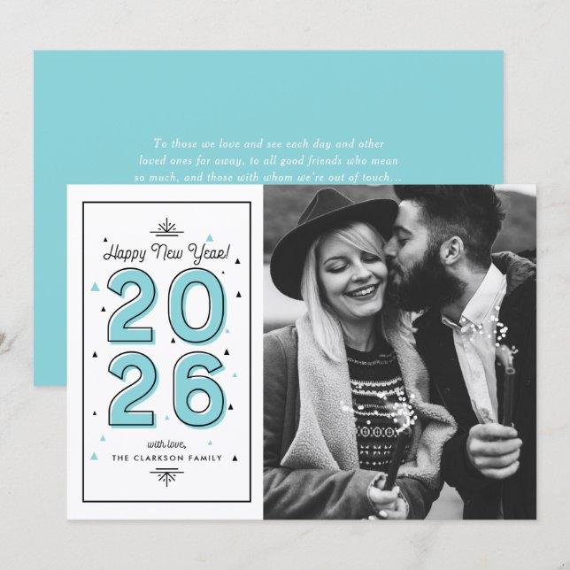Aqua Blue Geometric Typography New Year Photo Holiday Card (Front/Back)