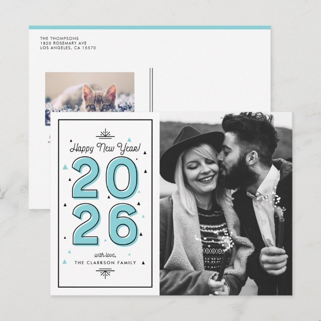 Aqua Blue Geometric Typography New Year Photo Holiday Postcard (Front/Back)