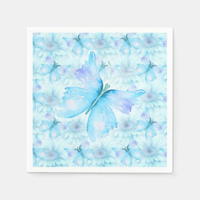 AQUA BLUE GERBER DAISIES AND BUTTERFLIES DECOUPAGE NAPKINS (Front)